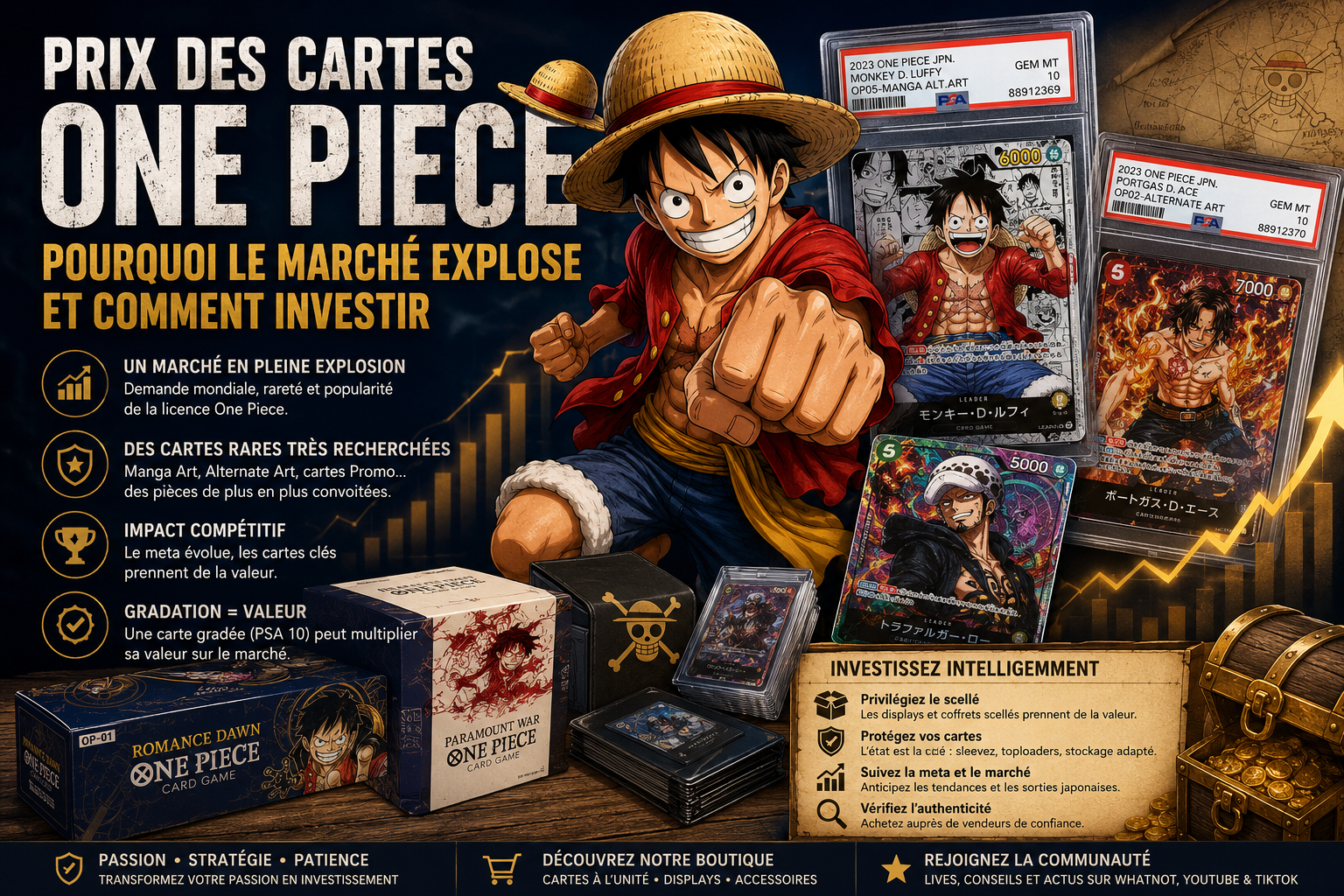 Prix des cartes One Piece TCG : illustration représentant des cartes rares, cartes gradées PSA, displays scellés et Monkey D. Luffy, expliquant l'investissement et la hausse des prix du One Piece Card Game.