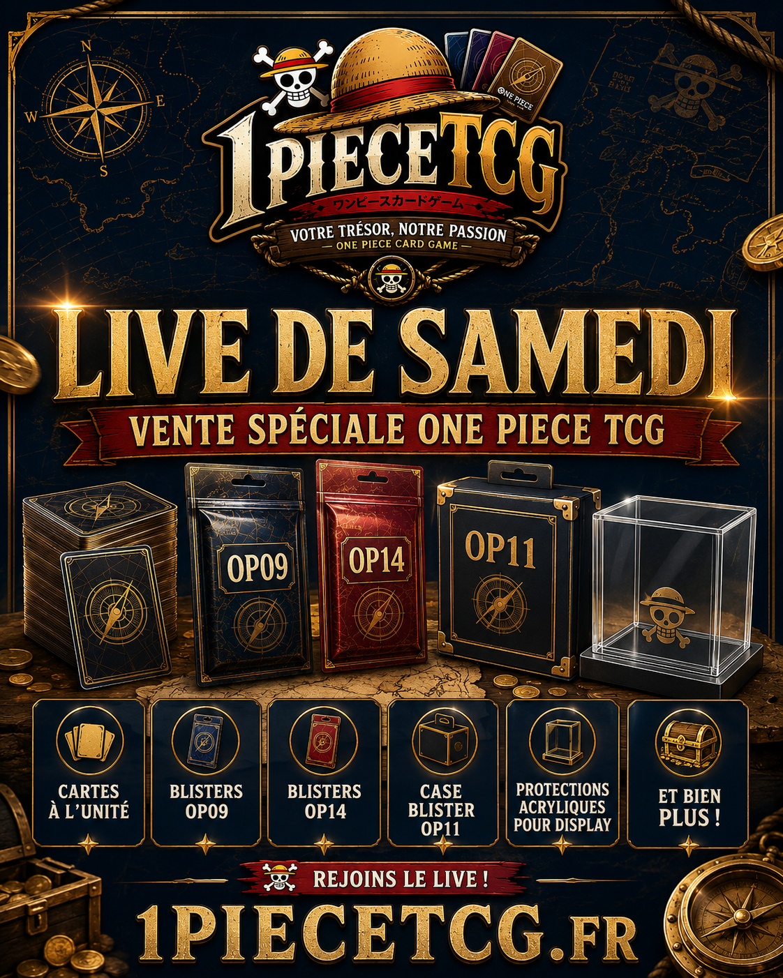 Live One Piece TCG du 18 juillet avec case de blisters OP11 et boxbreak OP09 à OP14