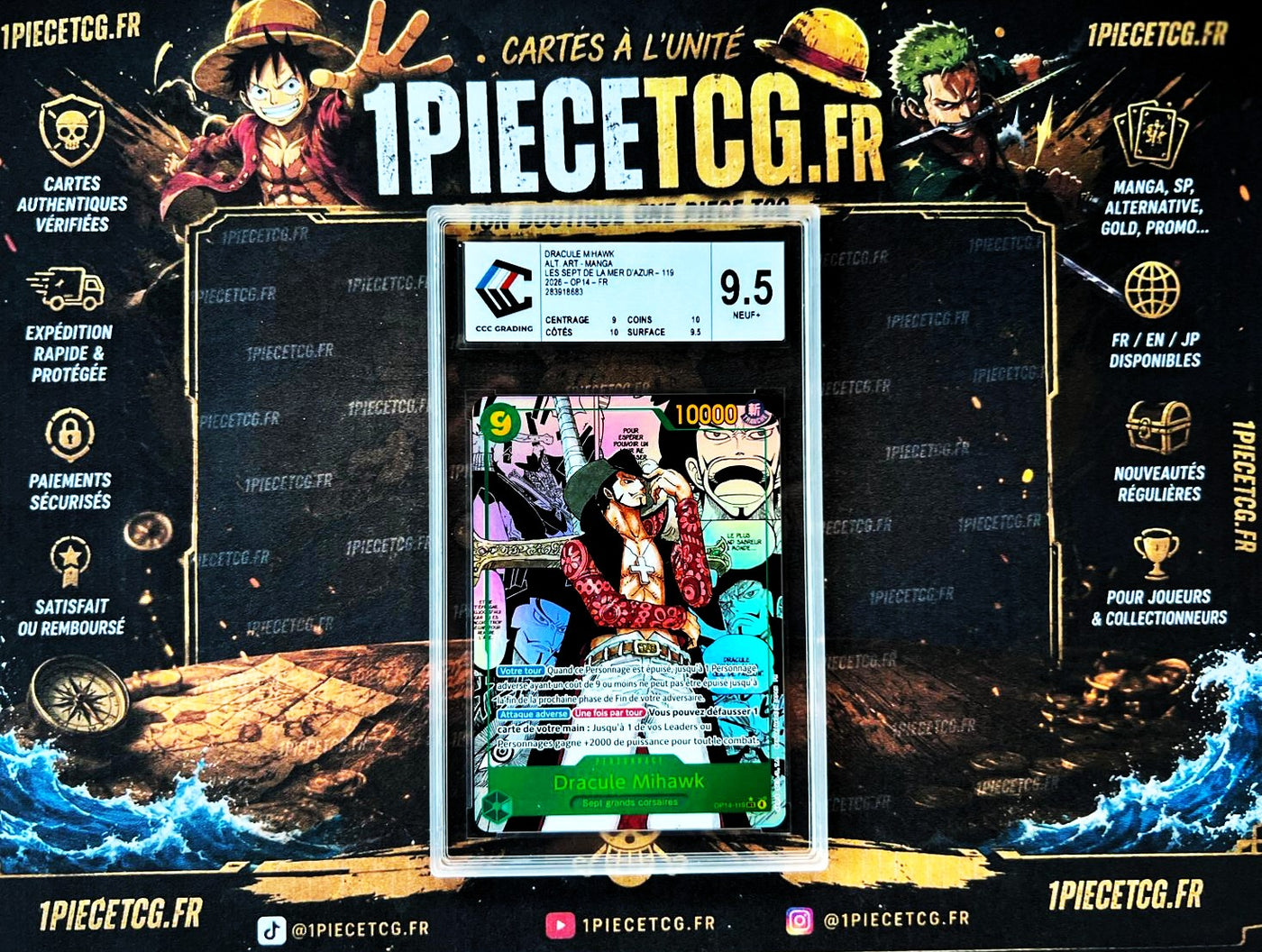 Dracule Mihawk OP14-119 V.3 Manga – Carte Gradée CCC 9.5 – OP14 The Azure Sea’s Seven – One Piece Card Game