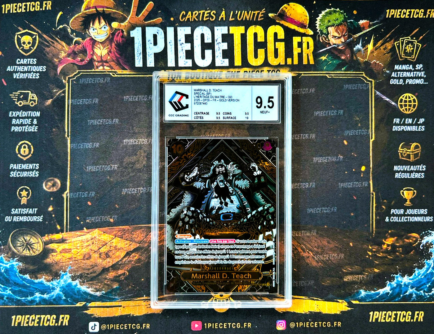 Marshall D. Teach OP09-093 V.1 SP Gold – Carte Gradée CCC 9.5 – One Piece Card Game OP12 L’Héritage du Maître