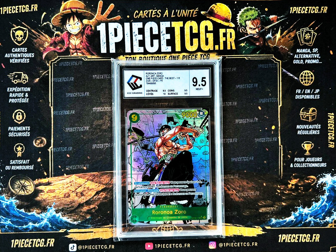 Roronoa Zoro OP06-118 V.3 Manga PRB01 FR – Carte Gradée CCC 9.5 – One Piece Card Game
