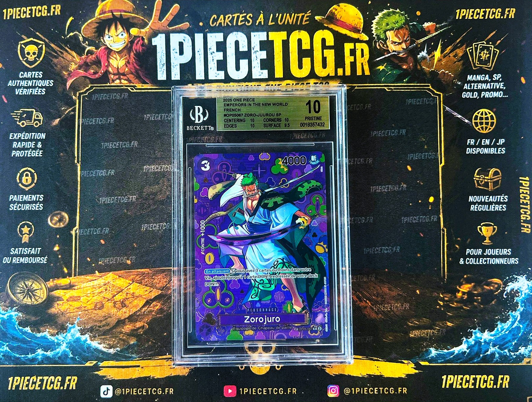 Zoro-Juurou OP05-067 SP FR – Carte Gradée Beckett 10 – One Piece Card Game OP09 Les Quatre Empereurs